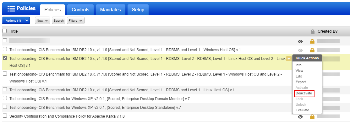 Deactivate policies option under Quick Actions dropdown menu.